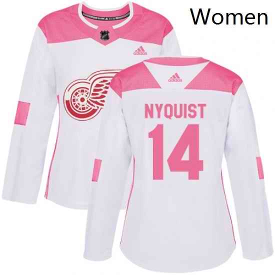 Womens Adidas Detroit Red Wings 14 Gustav Nyquist Authentic WhitePink Fashion NHL Jersey